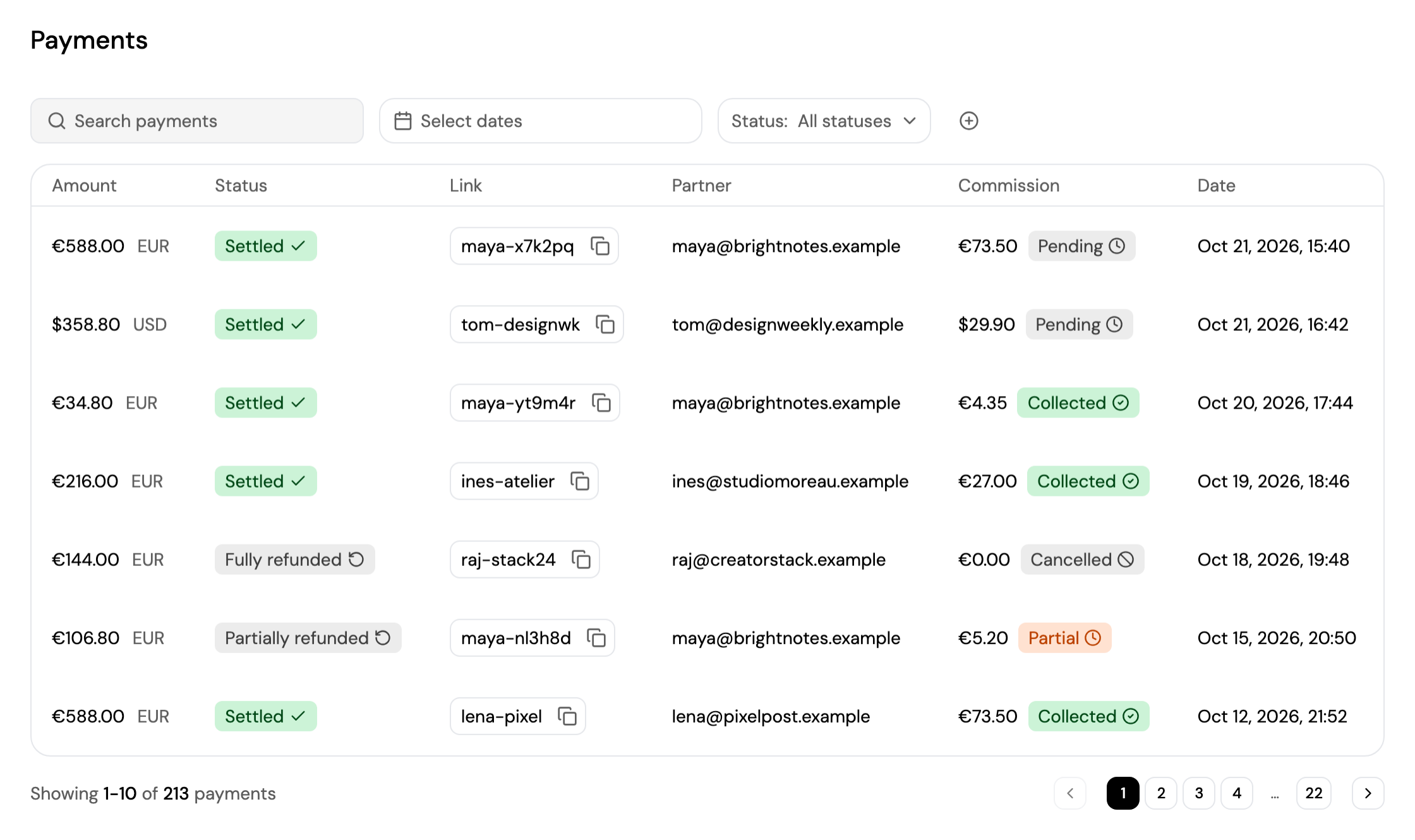 The affiliate Payments list