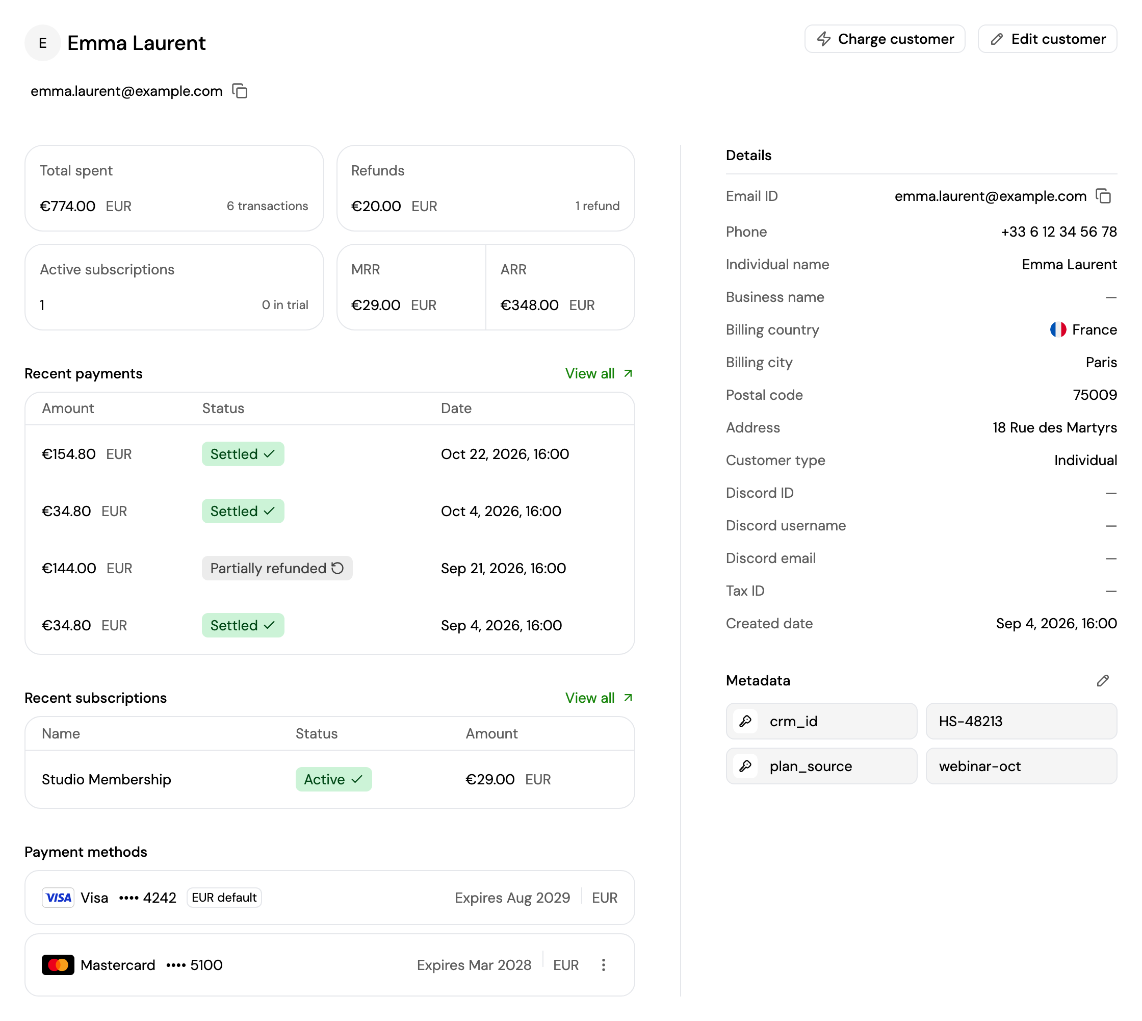 A customer's page