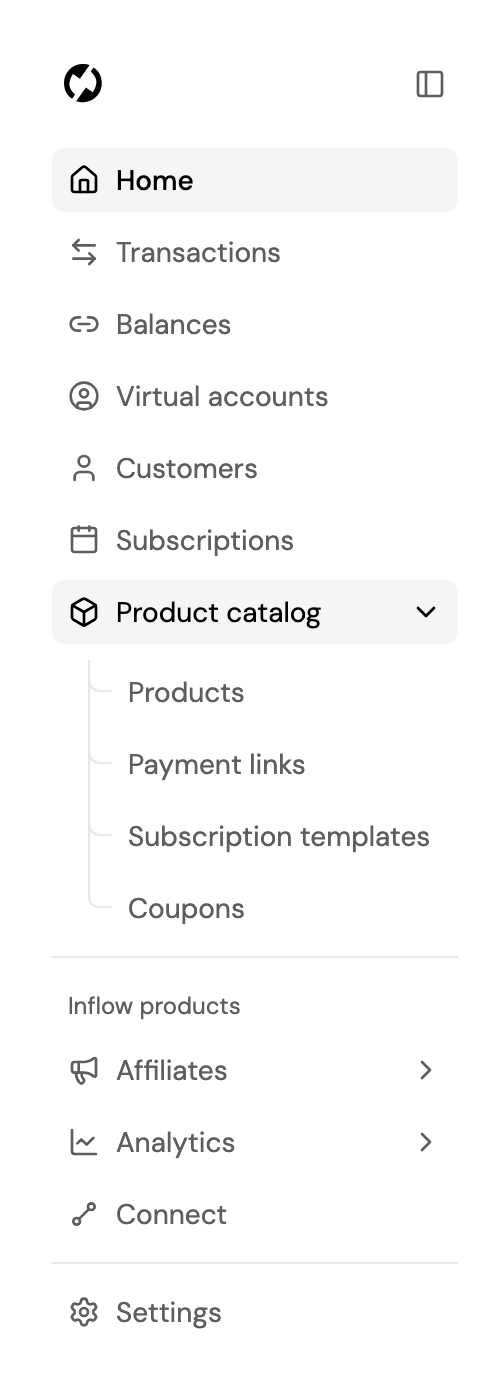 The sidebar with Product catalog open