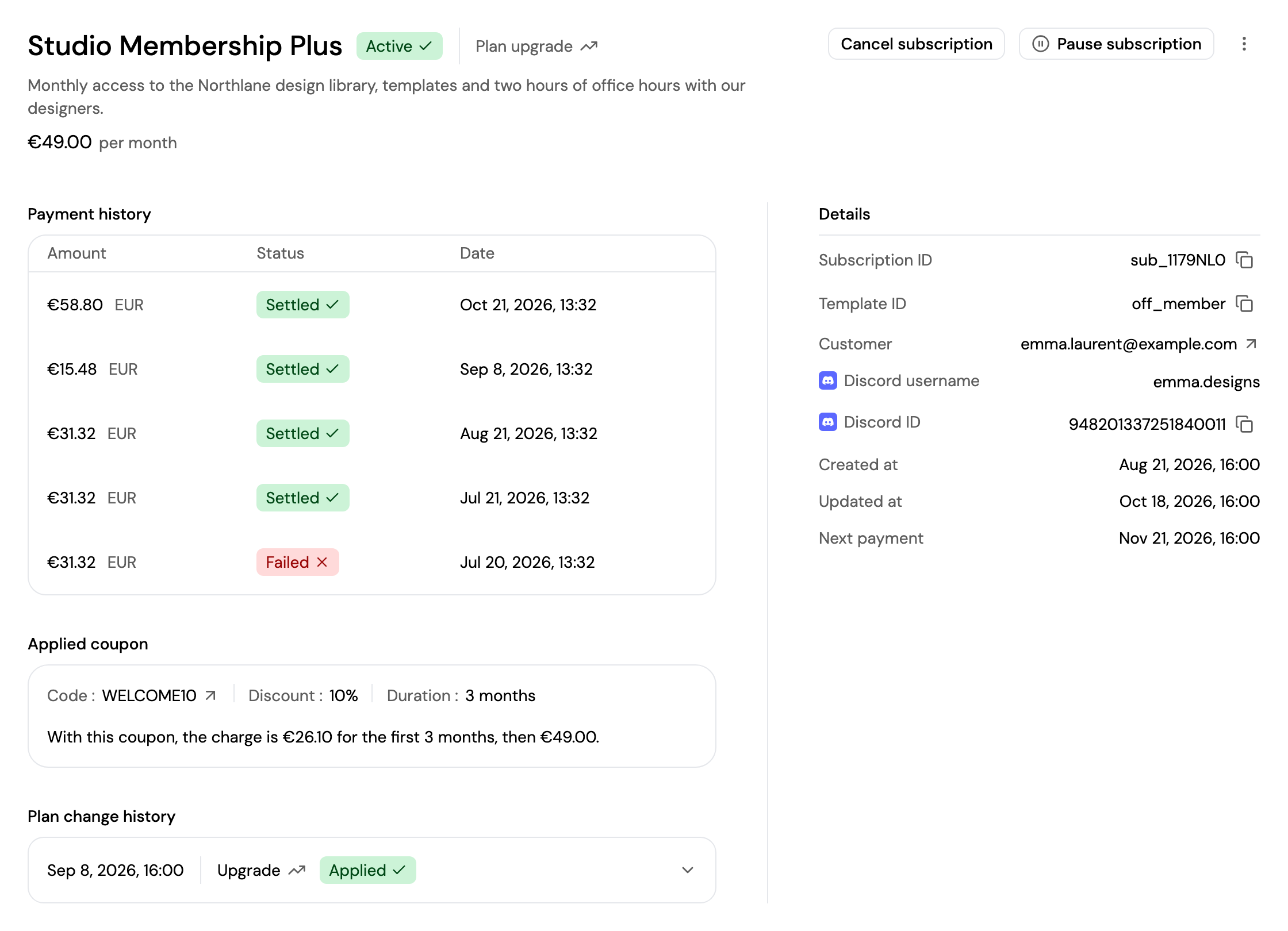 A subscription's page