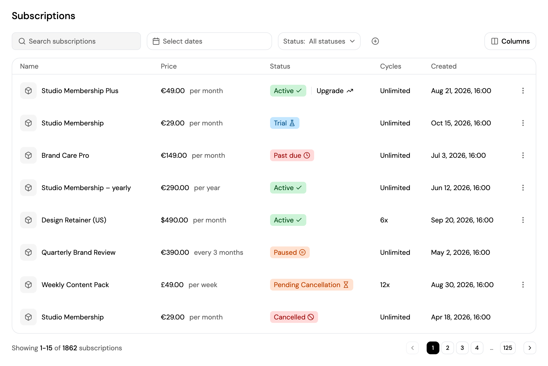 The Subscriptions list