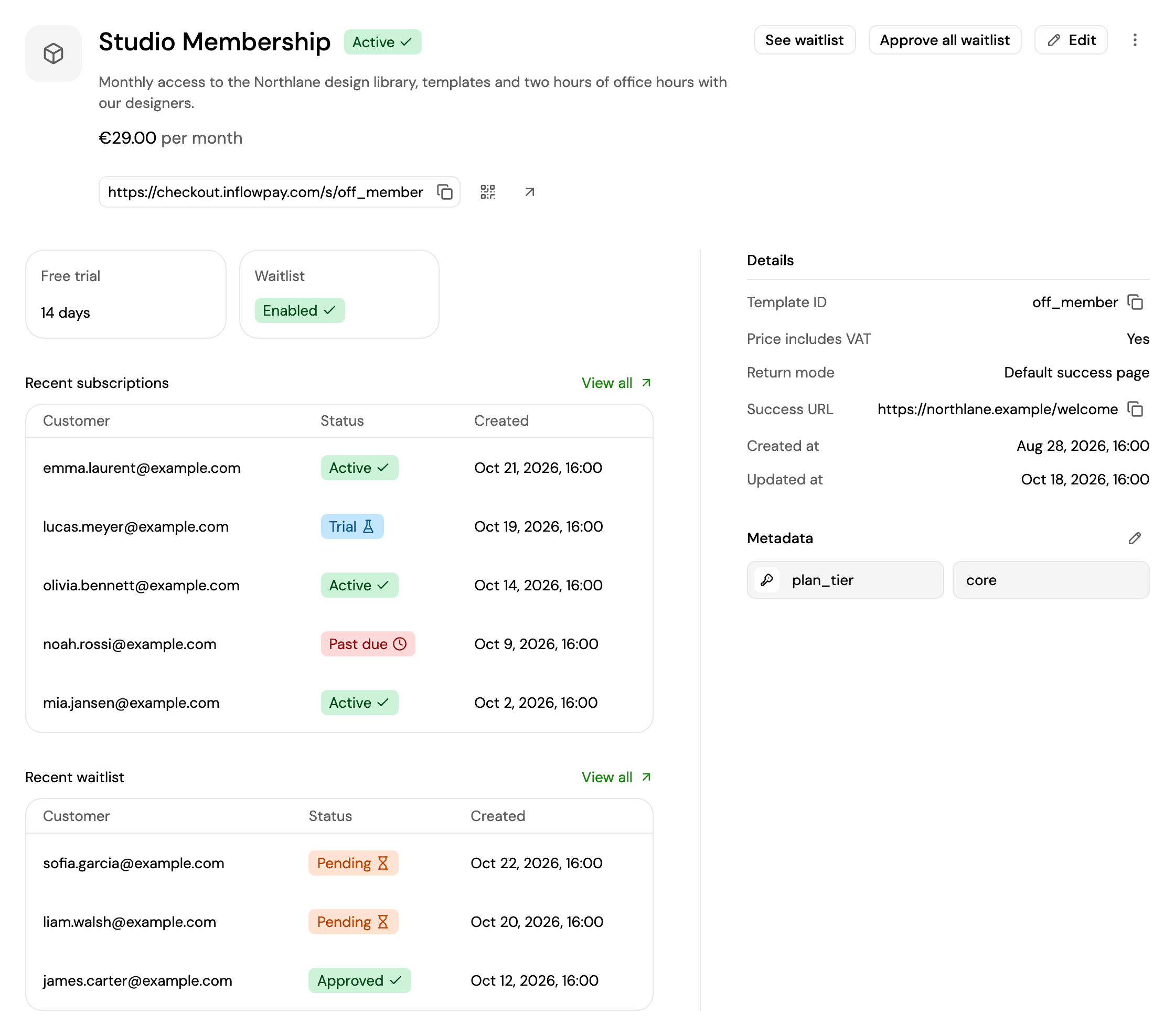 A subscription template's page