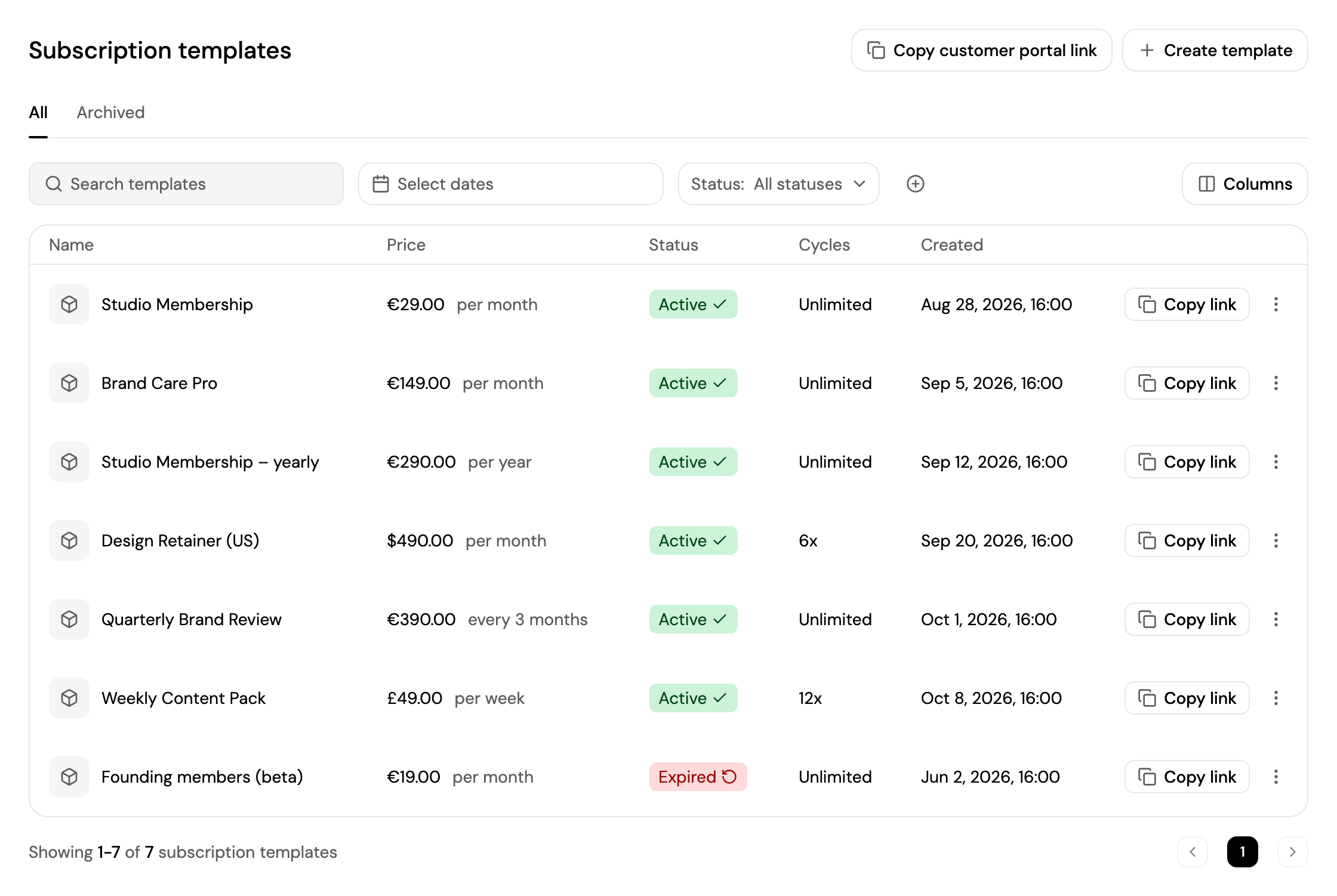 The Subscription templates list