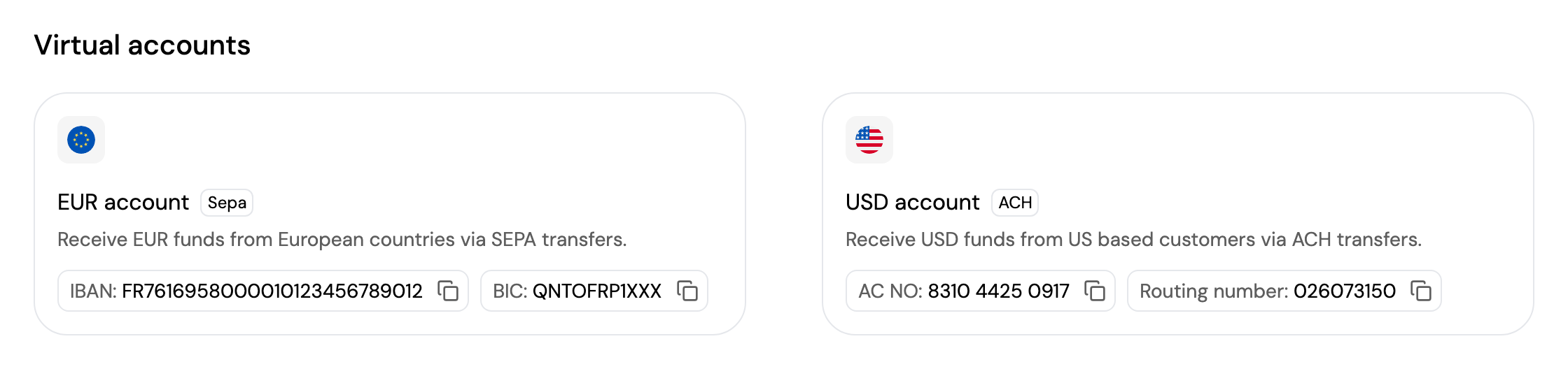 The EUR and USD accounts with their bank details