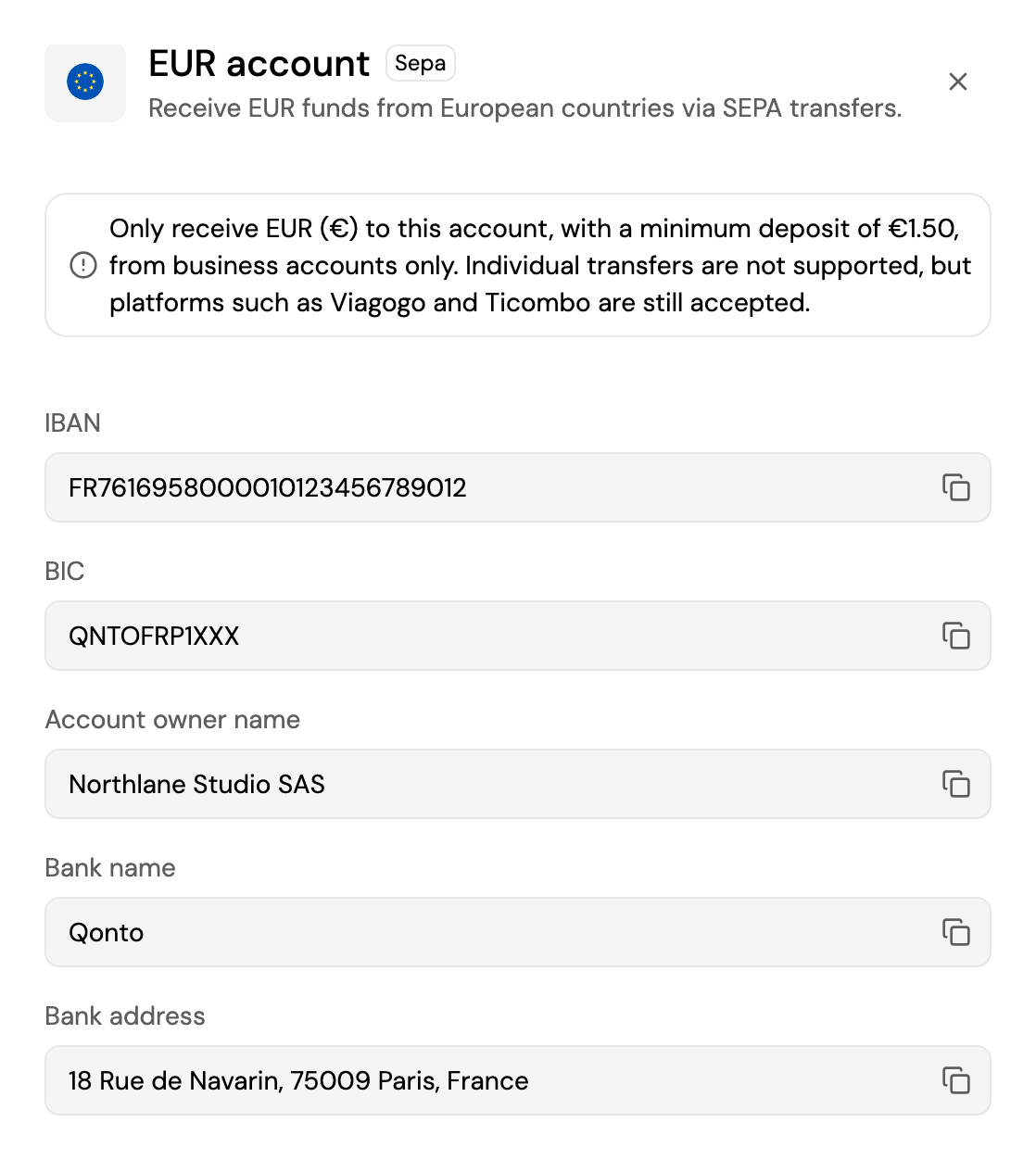 The EUR account details